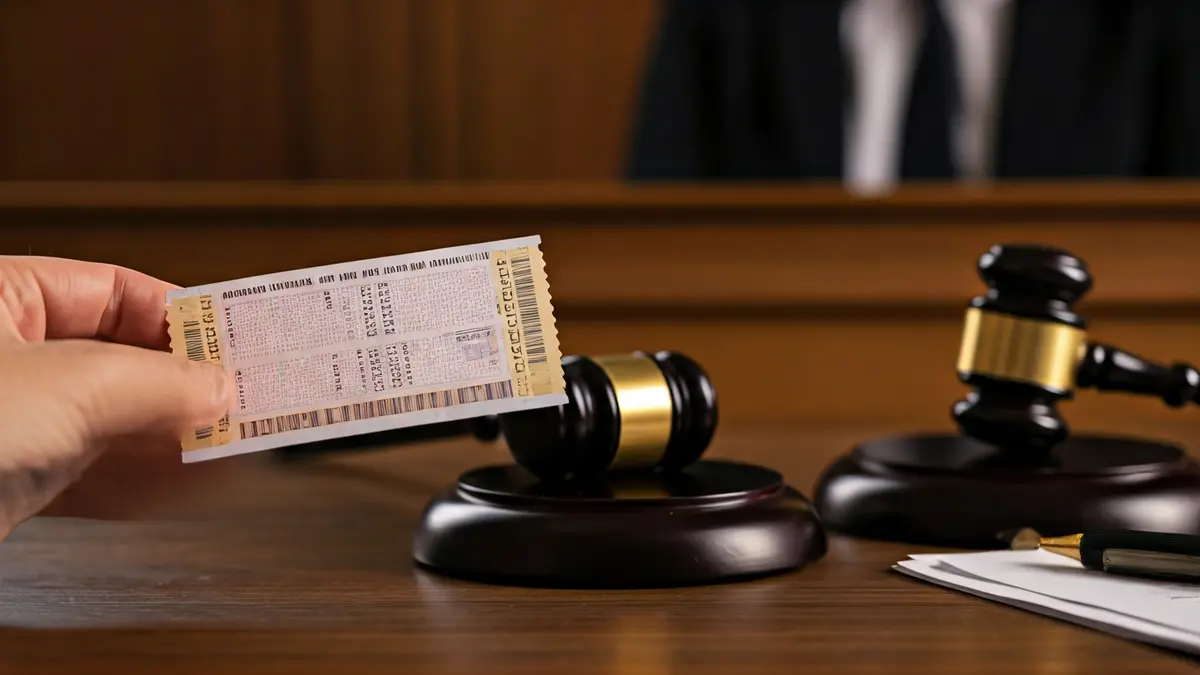 Imaxe dun boleto de lotaría e documentos legais nun contexto xudicial.