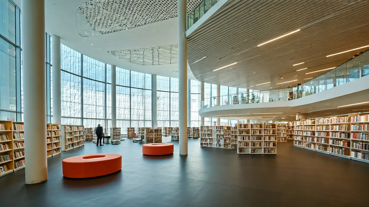 Imagen genérica de una biblioteca moderna y luminosa con grandes ventanales y espacios de lectura.