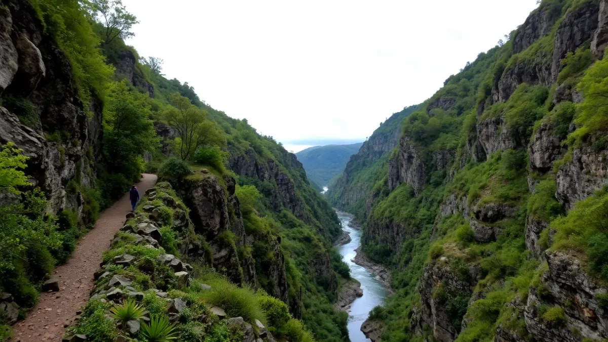 Imaxe dun canón fluvial escarpado con vexetación densa, representando a dificultade do rescate.