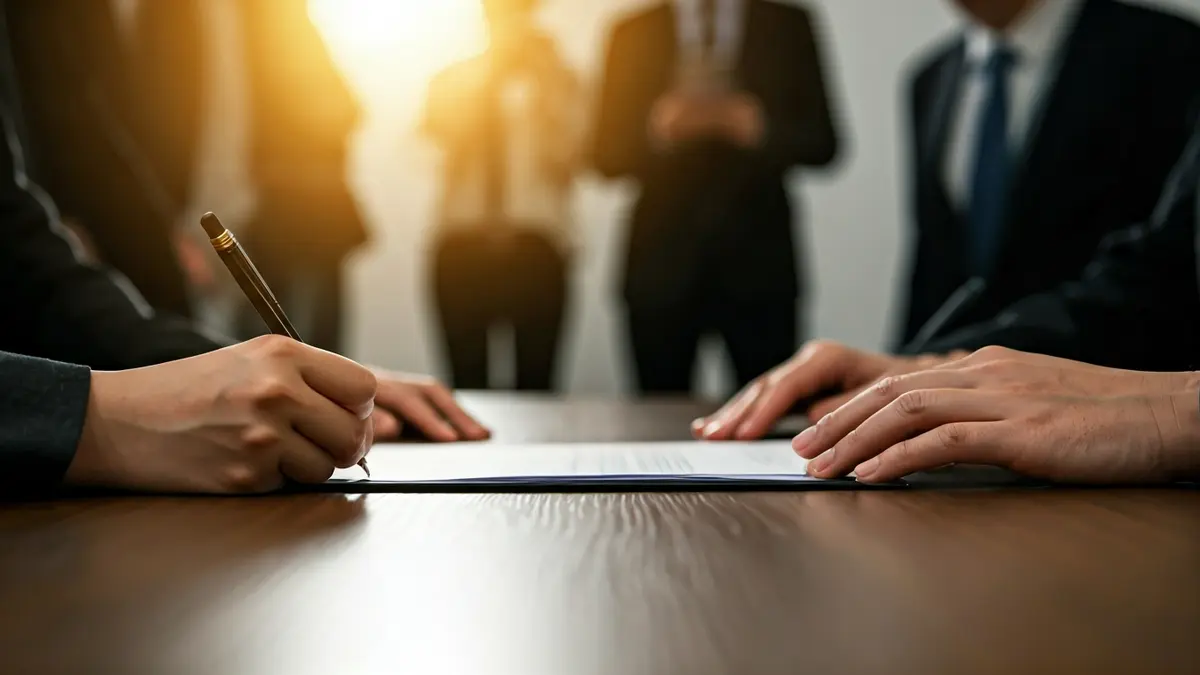 Imaxe xenérica de mans asinando un documento, simbolizando a cooperación.
