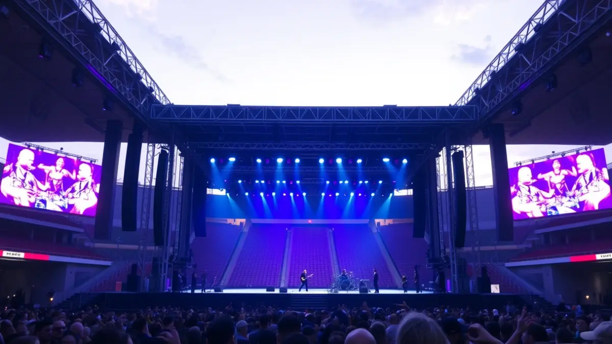 Imagen de un escenario de concierto vacío en un estadio, sugiriendo la necesidad de una nueva ubicación.