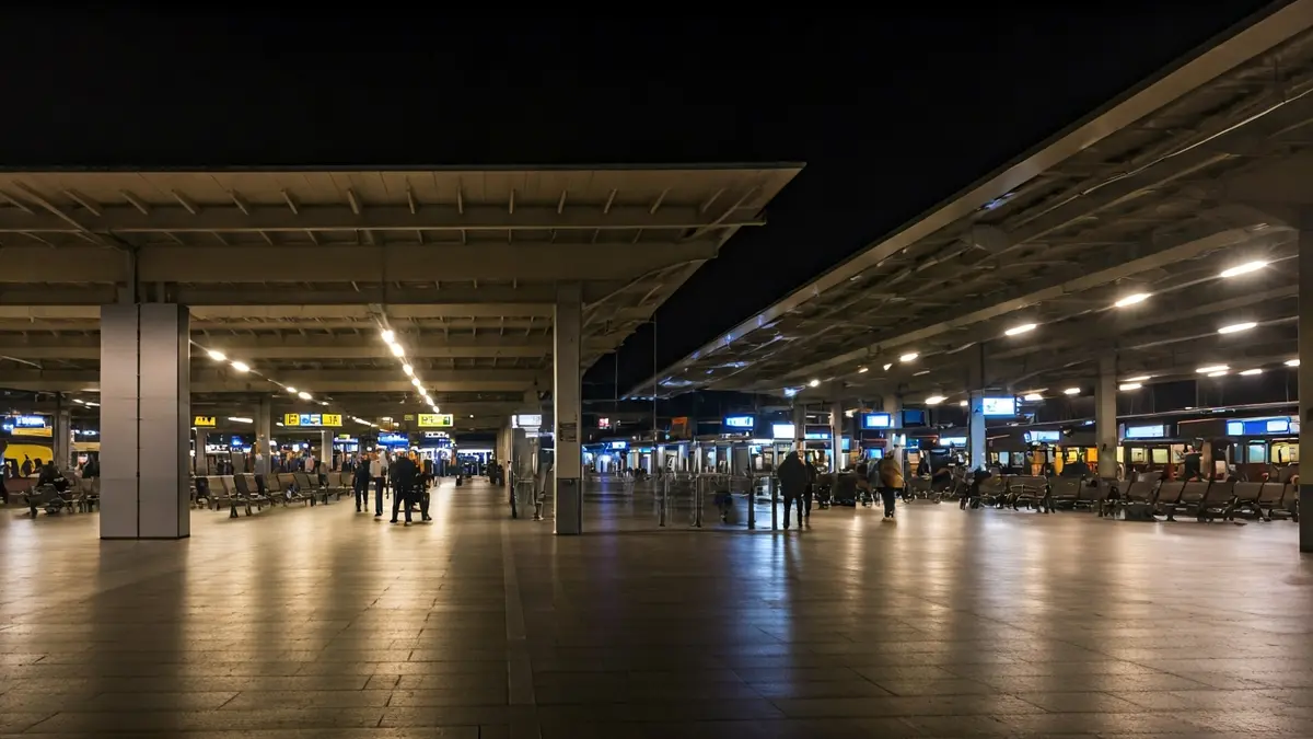 Imaxe xenérica dunha estación de autobuses moderna e baleira pola noite.