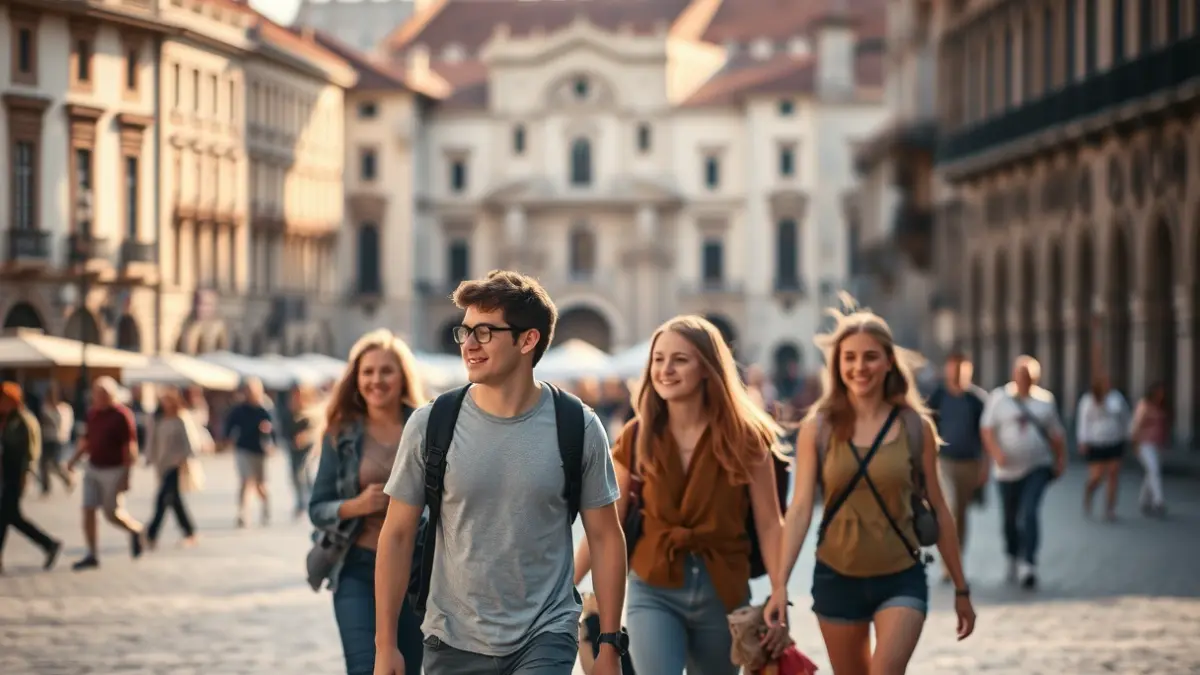 Imagen genérica de gente paseando por una plaza histórica en una ciudad.