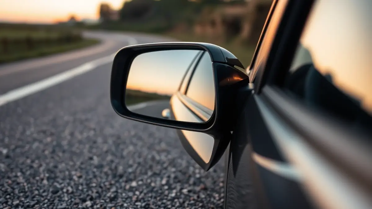 Espello retrovisor dun coche danado no chan, nunha estrada galega.