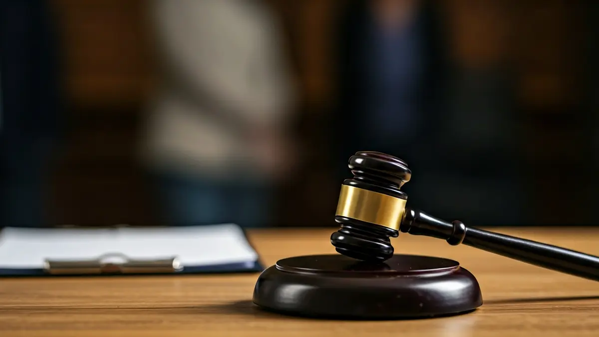 Imaxe xenérica dun mazo de xuíz sobre unha mesa de madeira con documentos legais.