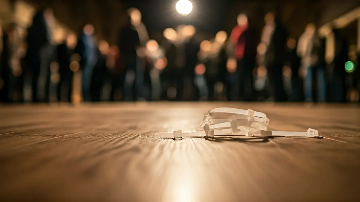 Imaxe dunhas bridas de plástico no chan de madeira, con sombras borrosas