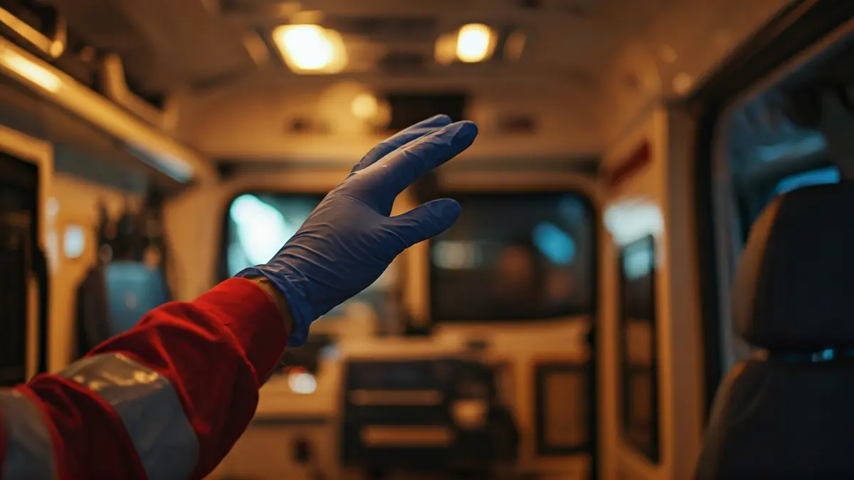 Imaxe xenérica dunha man de sanitario dentro dunha ambulancia.