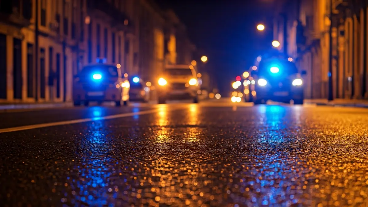 Imagen genérica de luces de emergencia reflejándose sobre asfalto mojado por la noche.