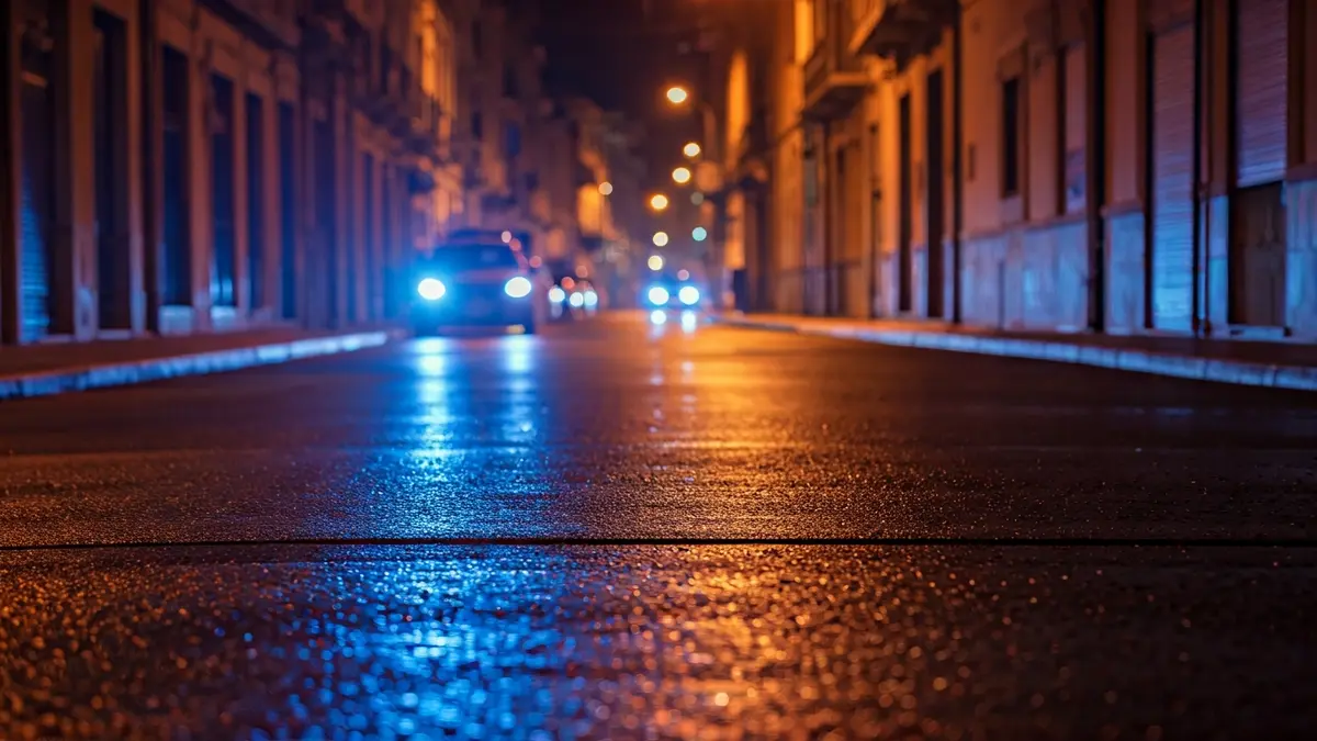 Imaxe xenérica de luces de emerxencia reflectíndose sobre asfalto mollado pola noite.