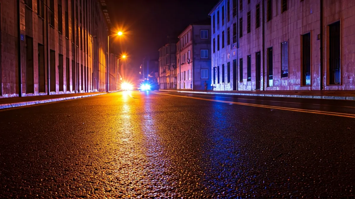 Imaxe xenérica de luces de emerxencia reflectíndose sobre asfalto mollado pola noite.