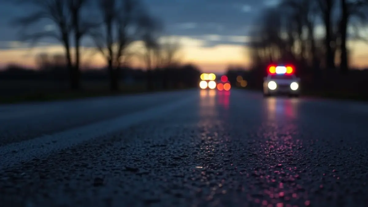 Imaxe xenérica de luces de emerxencia reflectíndose sobre asfalto mollado nunha estrada rural.