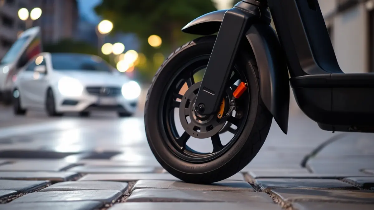 Imaxe xenérica dunha roda de patinete eléctrico nunha rúa.