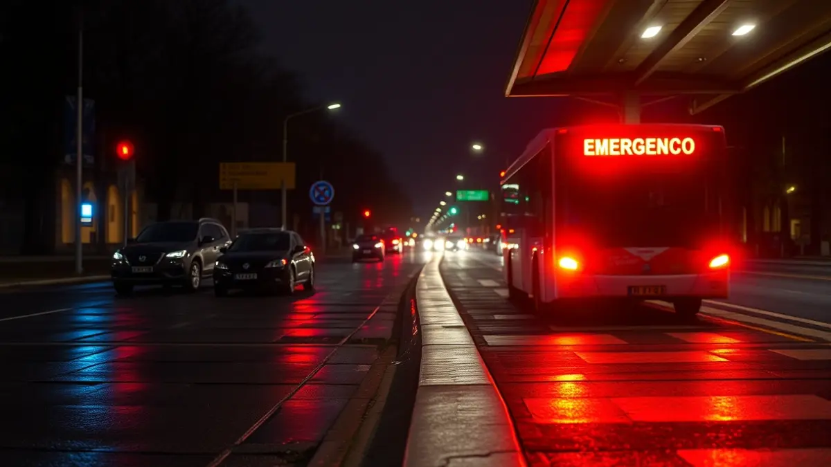 Imagen genérica de una parada de autobús nocturna en una ciudad gallega, con luces de emergencia borrosas reflejándose en el asfalto mojado.