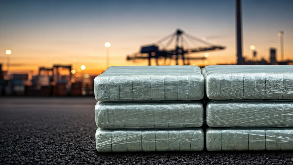 Paquetes de droga incautada nun porto, coa silueta de contedores ao fondo.