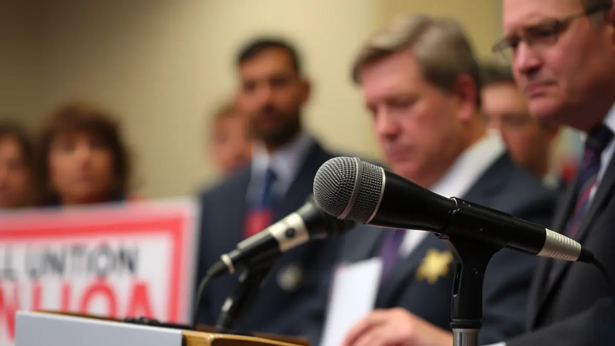 Imaxe xenérica dun micrófono nunha rolda de prensa, simbolizando a voz sindical.