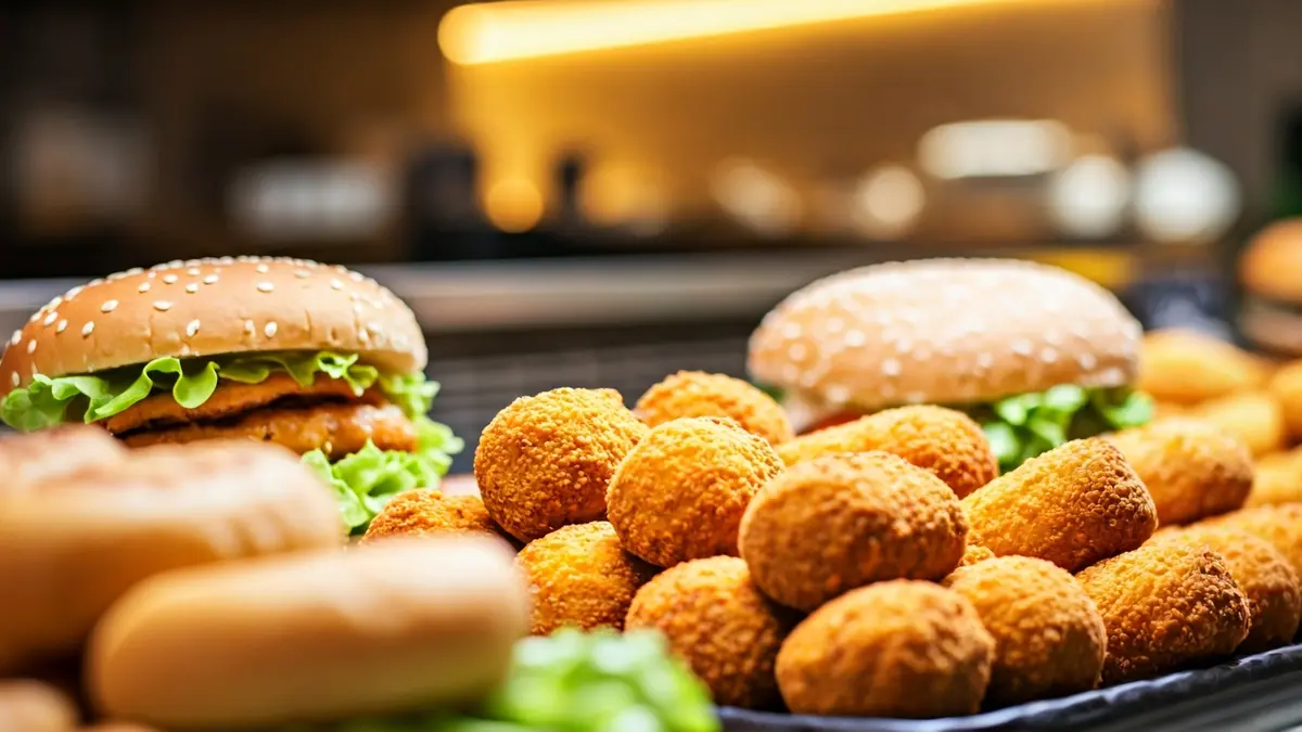 Imaxe de produtos gourmet conxelados, como croquetas e hamburguesas de peixe.