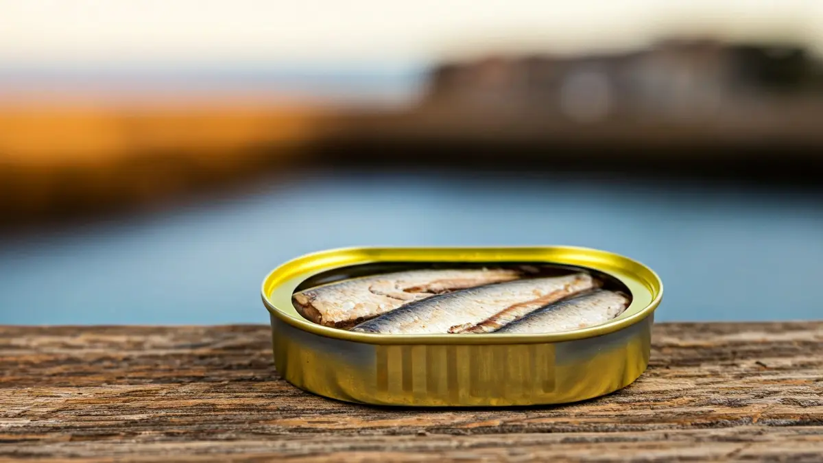 Imaxe dunha lata de conserva gourmet sobre unha superficie de madeira.