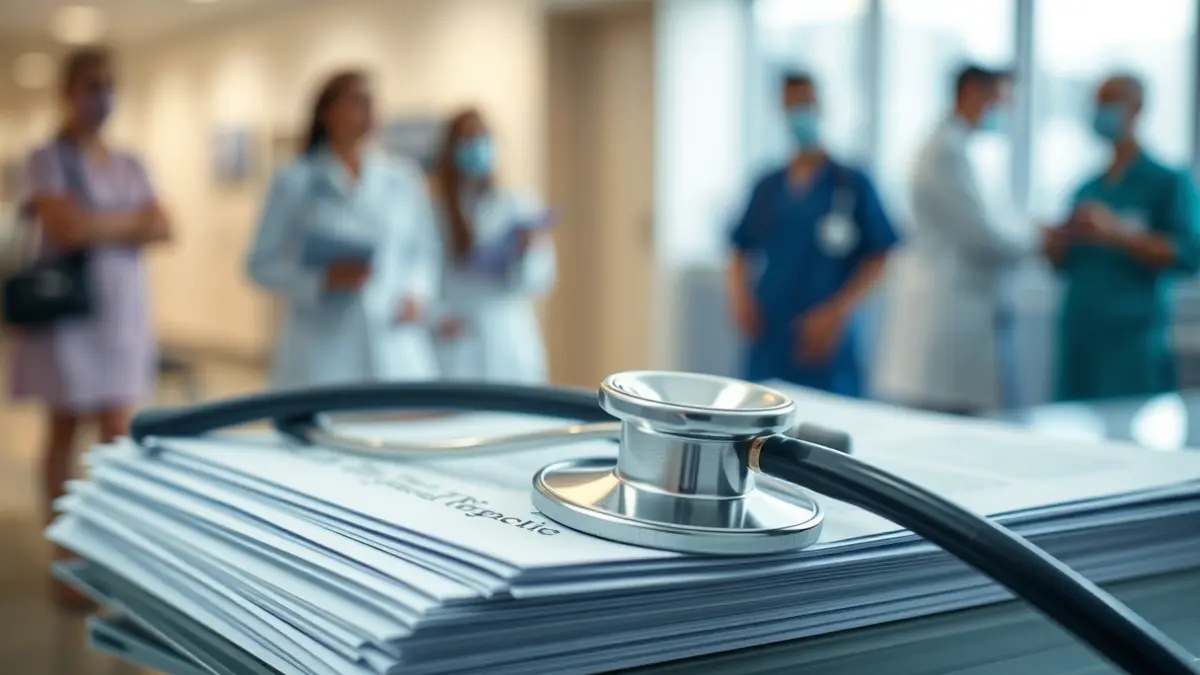 Imagen genérica de un estetoscopio sobre informes médicos, simbolizando la sanidad.