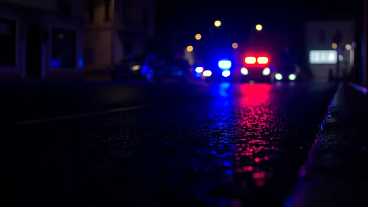 Imagen genérica de luces de emergencia reflejándose sobre asfalto mojado por la noche.