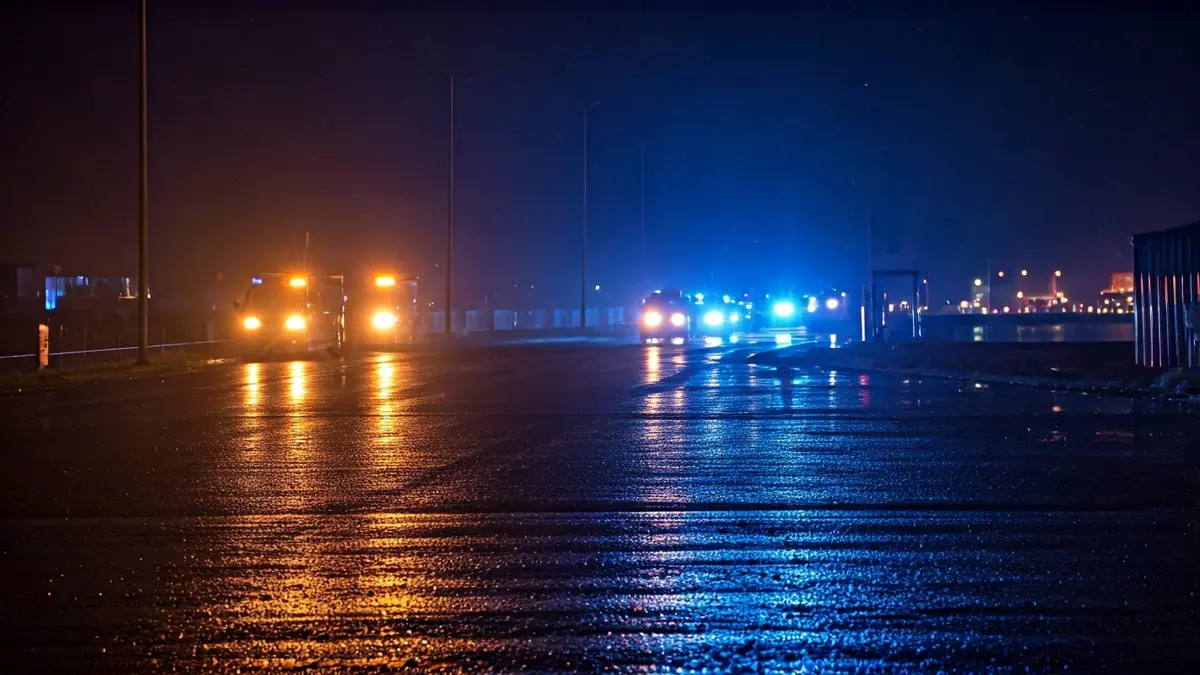 Imagen genérica de luces de emergencia reflejándose sobre asfalto mojado cerca de una masa de agua.