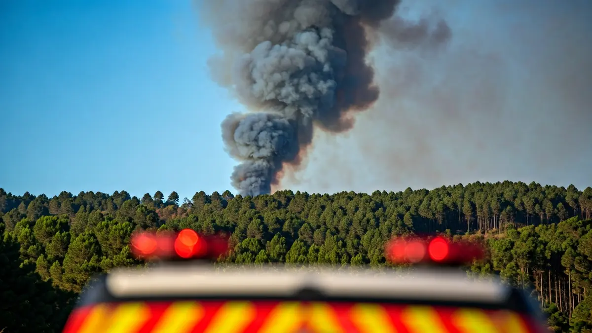 Imaxe xenérica dun incendio forestal controlado, con fume sobre un monte e luces de emerxencia.