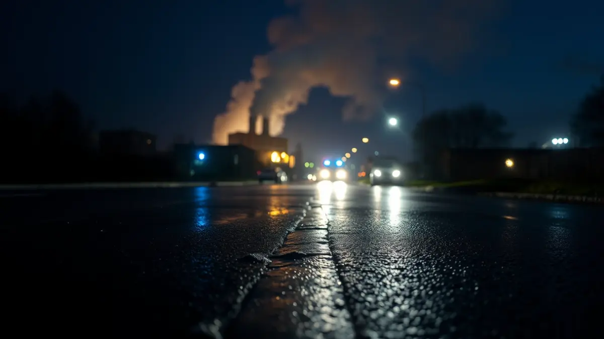 Imagen genérica de luces de emergencia reflejándose sobre asfalto mojado por la noche, con humo al fondo.