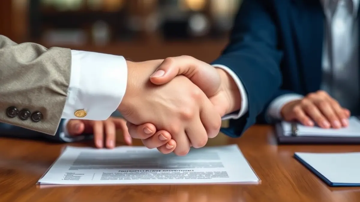 Imaxe xenérica de mans estreitándose nunha mesa de oficina, simbolizando unha negociación.
