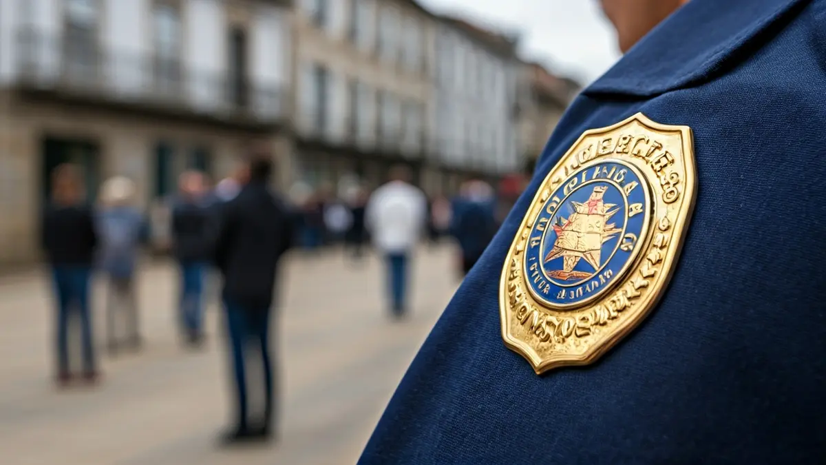 Imaxe xenérica dunha insignia de policía local, co fondo dunha praza galega desenfocado.