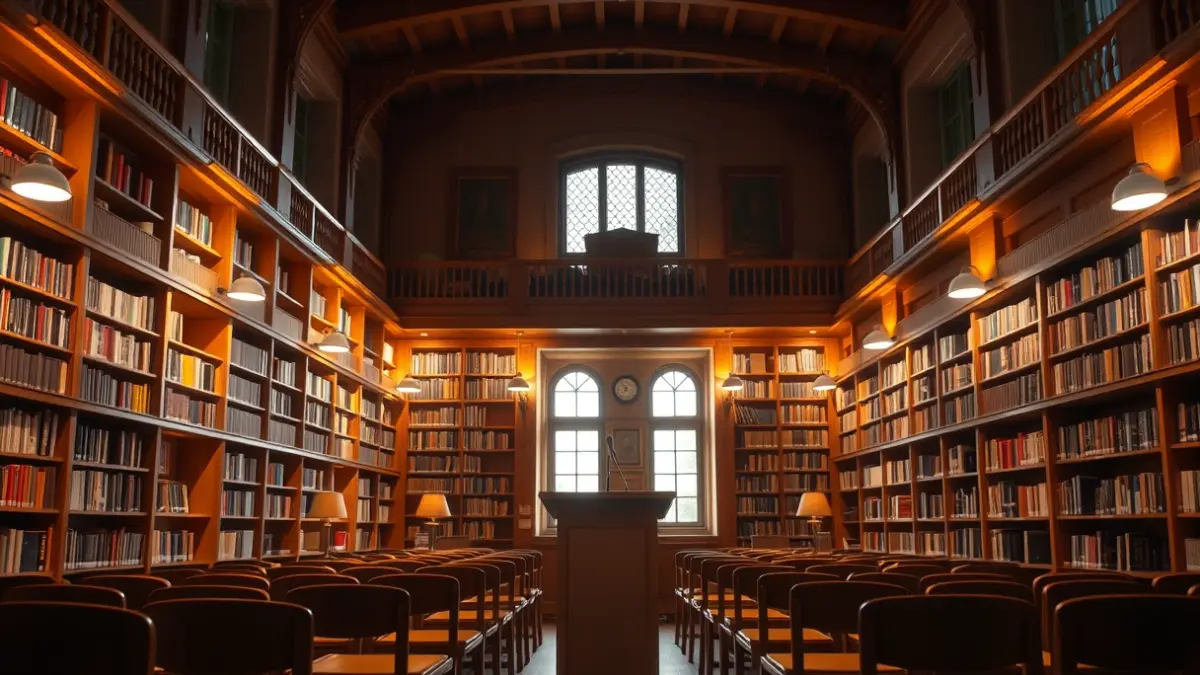 Imaxe xenérica dunha sala de actos ou biblioteca, con cadeiras baleiras e un micrófono.