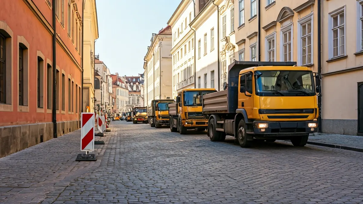 Imagen de maquinaria de construcción y camiones en una calle estrecha con barreras de seguridad.