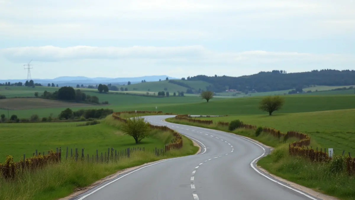 Imaxe xenérica dunha estrada rural en Galicia, baleira e con paisaxe verde.