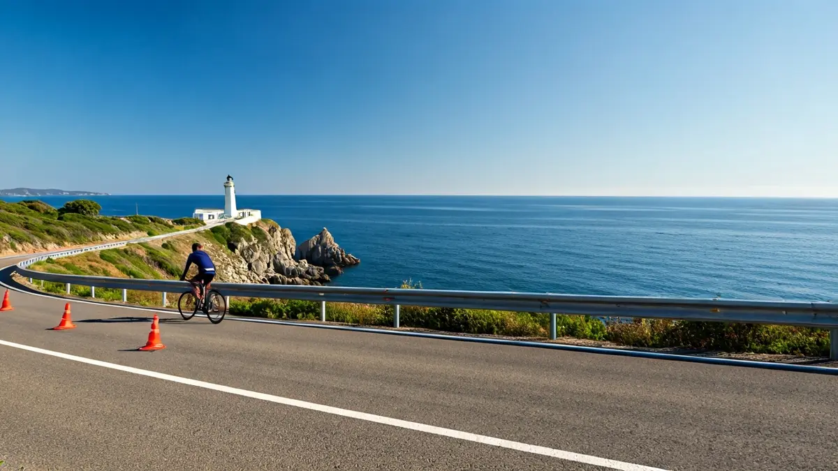 Recorrido costero con la Torre de Hércules al fondo durante una carrera ciclista.