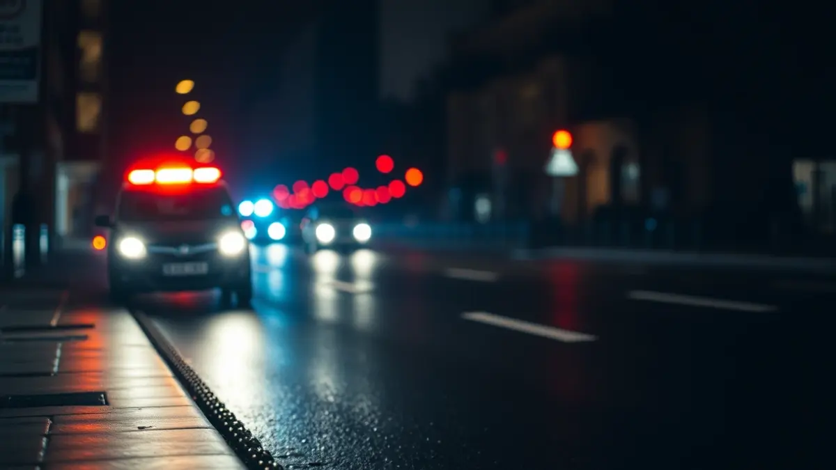 Imaxe xenérica de luces de emerxencia reflectíndose sobre o asfalto mollado nunha rúa da cidade.