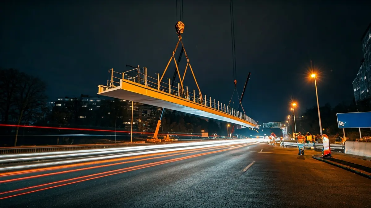 Imaxe da instalación dunha pasarela peonil sobre unha estrada de noite.
