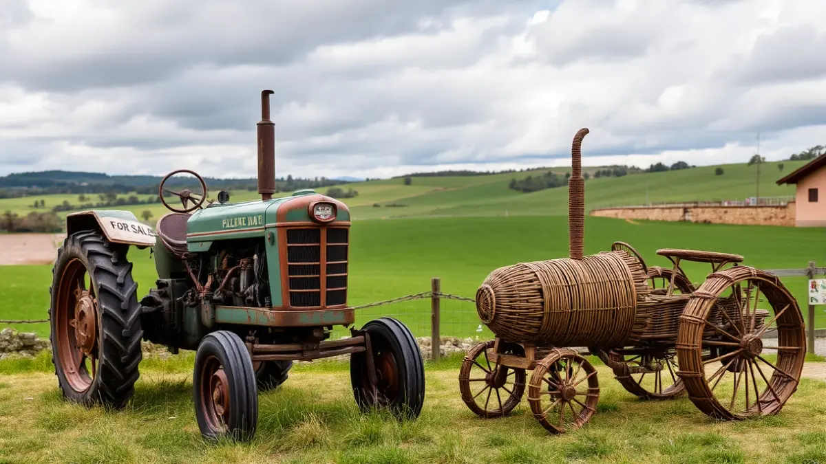 Imaxe dun tractor antigo e un de vimbio, simbolizando a feira de maquinaria e artesanía.