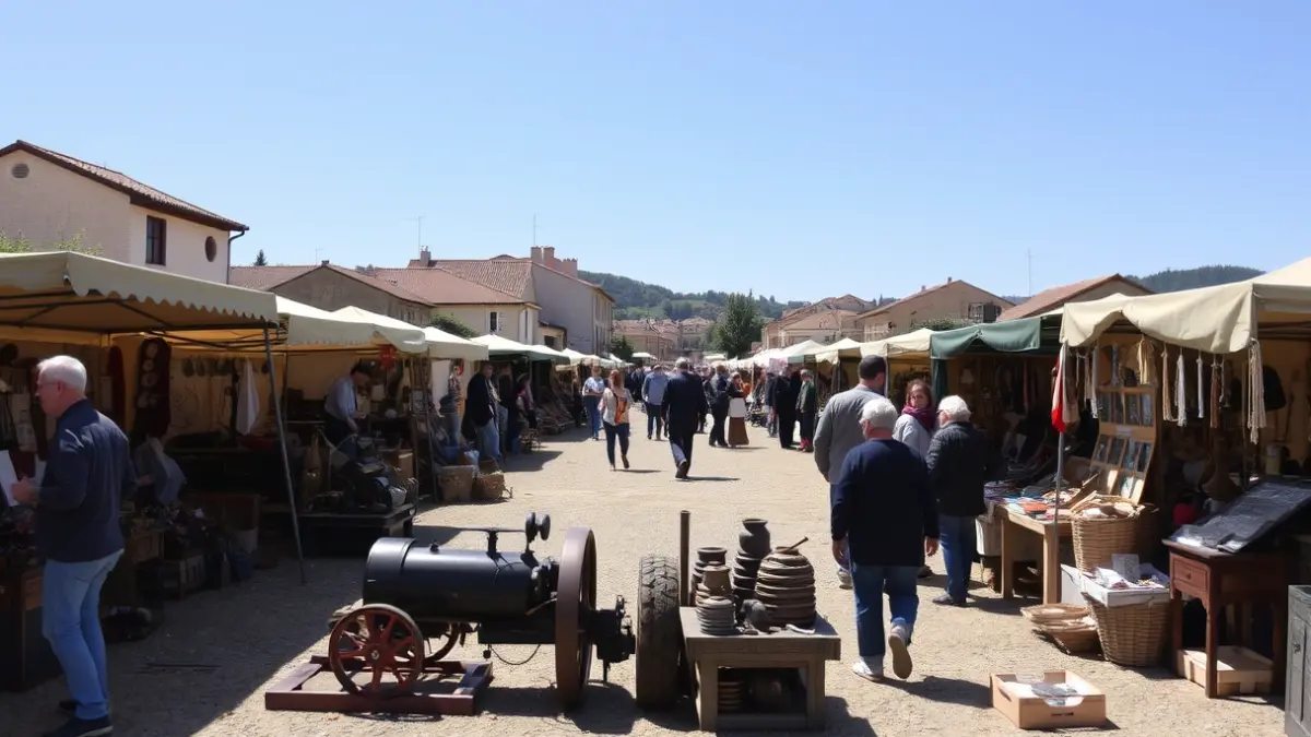 Imagen de una feria tradicional con puestos de maquinaria, artesanía y antigüedades.