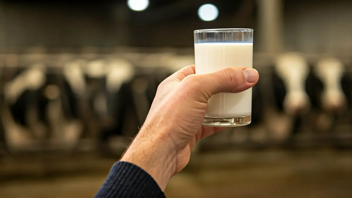 Imaxe xenérica dunha man de gandeiro sostendo un vaso de leite.
