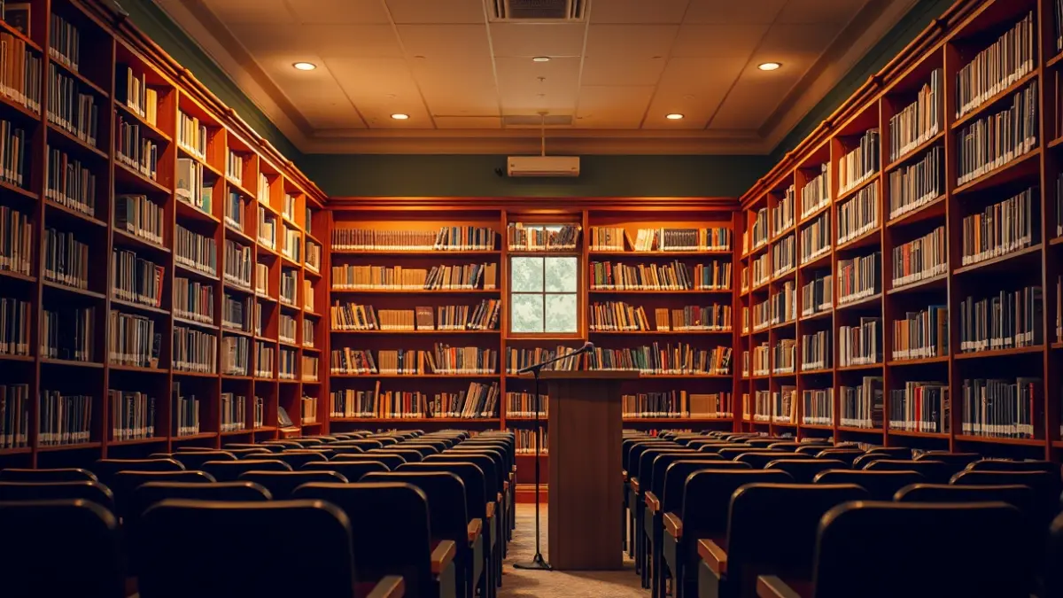 Imaxe xenérica dunha sala de presentacións literarias cun micrófono e cadeiras baleiras.