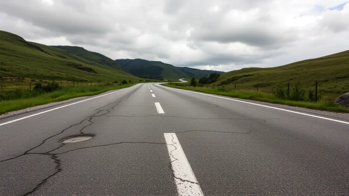 Estrada en mal estado con fochancas e gretas, rodeada de paisaxe galega.