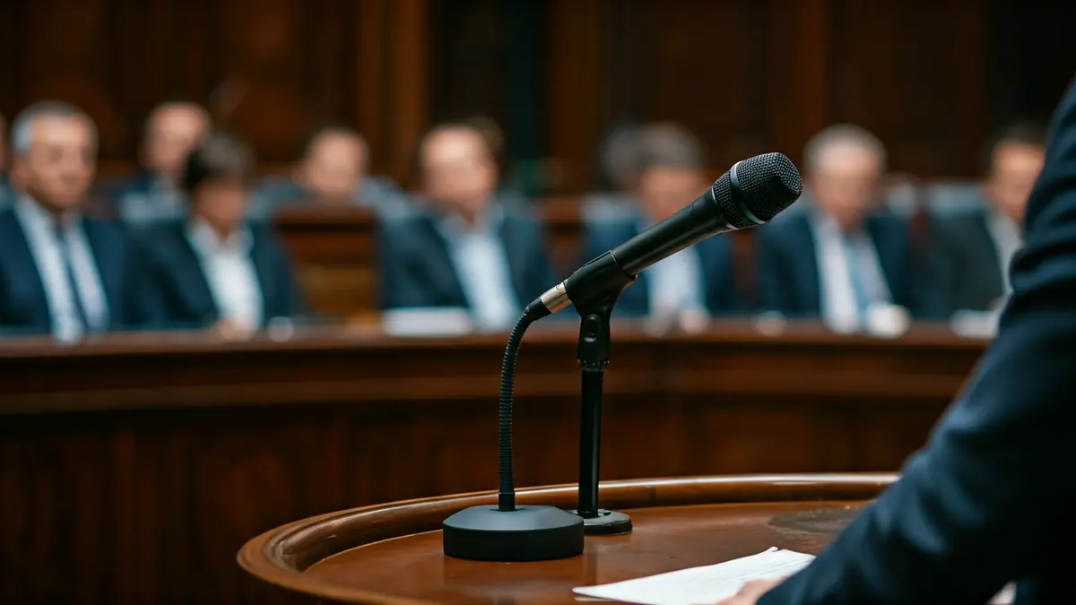 Imaxe xenérica dun micrófono nun podio nunha sala parlamentaria.