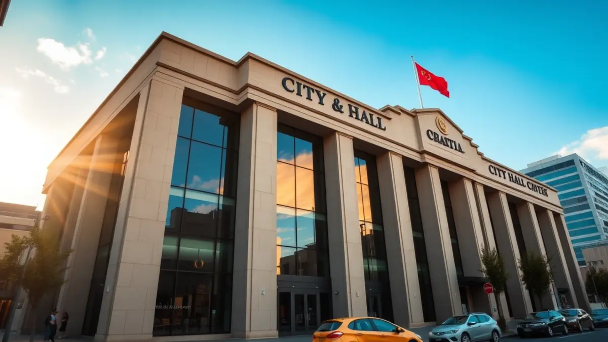 Imagen de la fachada de un edificio de ayuntamiento moderno.