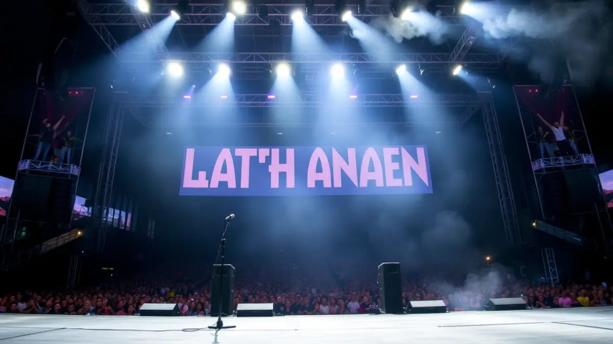 Imagen de un escenario de concierto vacío con luces brillantes y un micrófono.