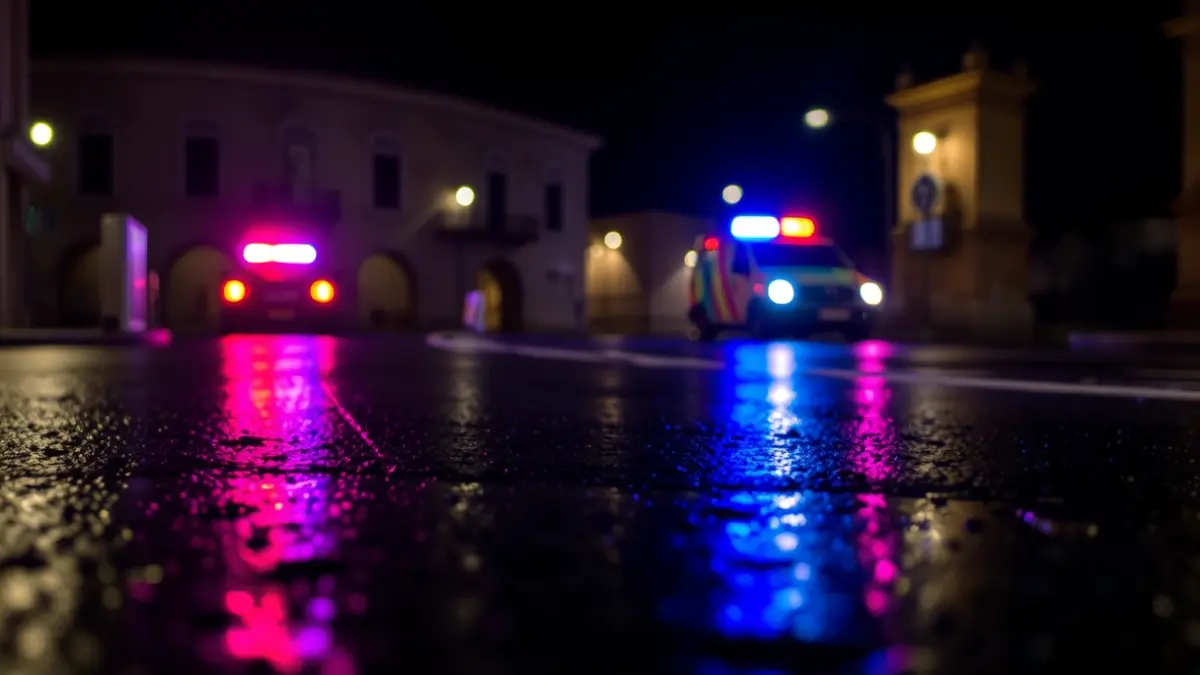 Imagen genérica de luces de emergencia reflejándose sobre asfalto mojado por la noche.