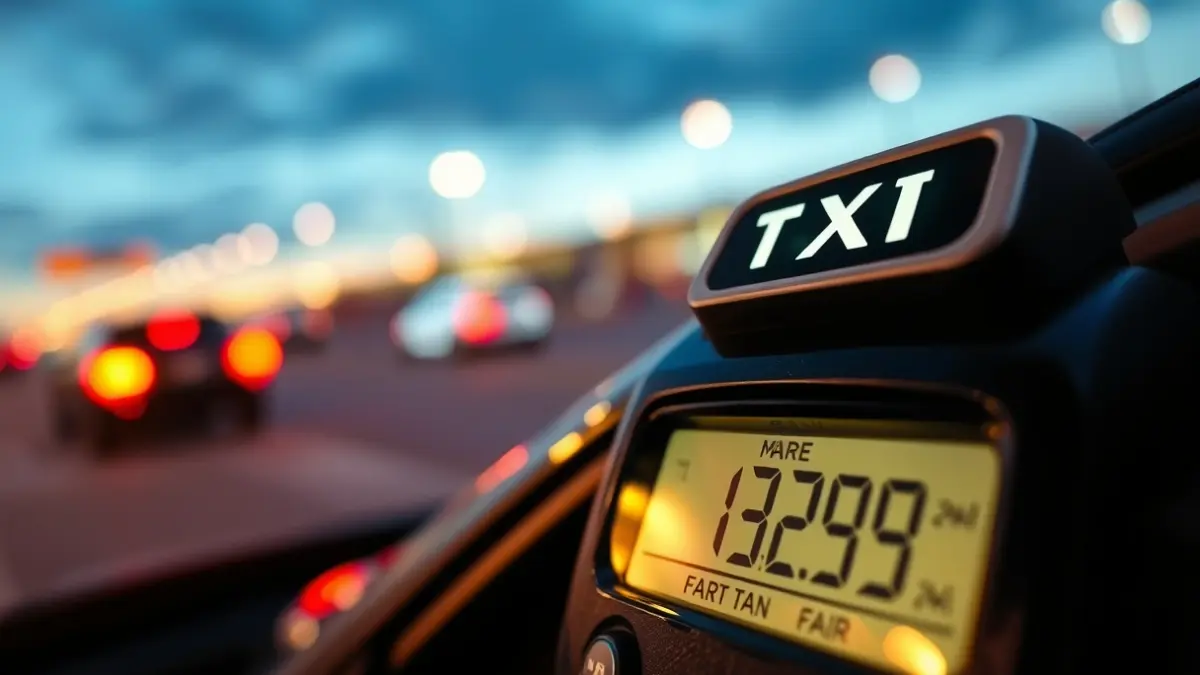 Imagen genérica de un taxímetro en un coche, con luces de aeropuerto al fondo.
