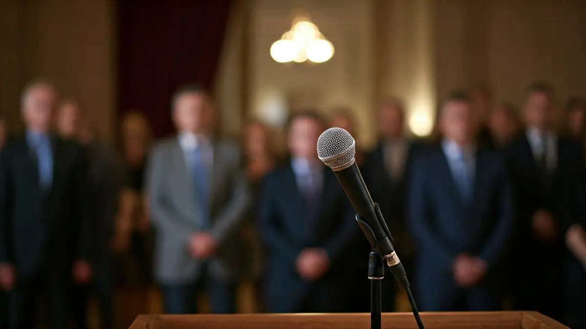 Imaxe xenérica dun micrófono nun atril, suxerindo unha declaración pública.