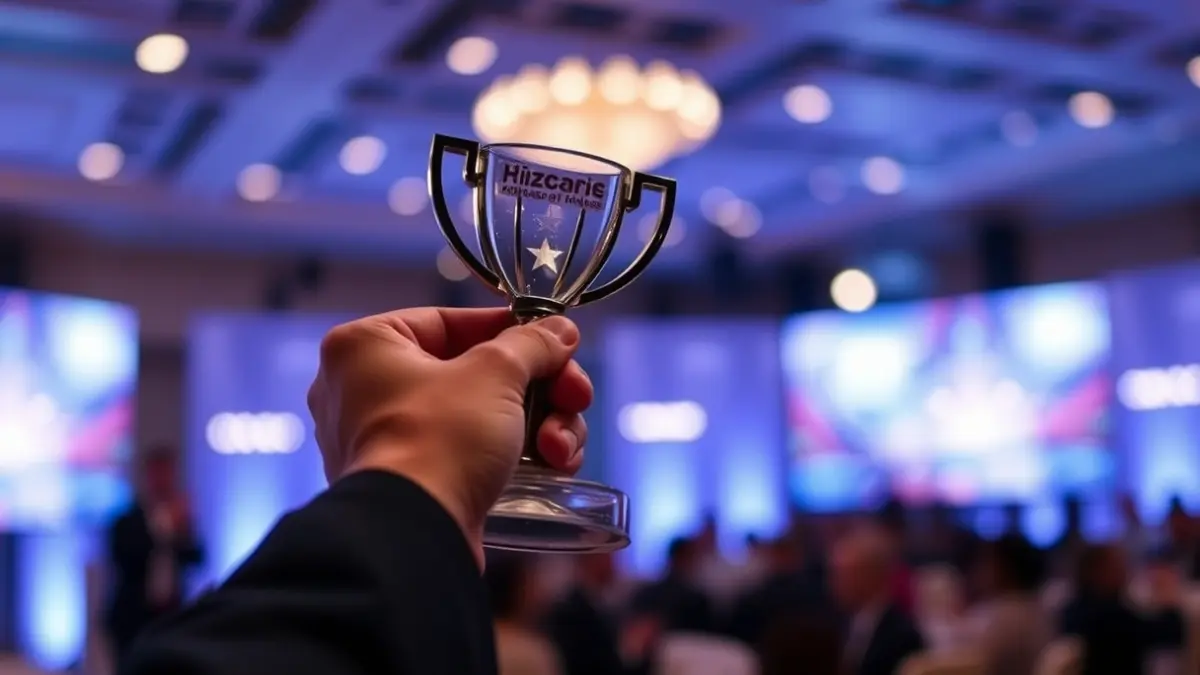 Imaxe xenérica dunha man sostendo un premio ou galardón.