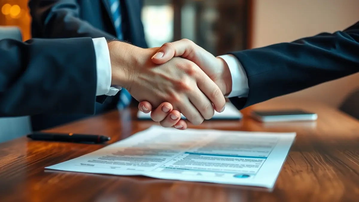 Imaxe xenérica de mans estreitándose nunha mesa de negociación.