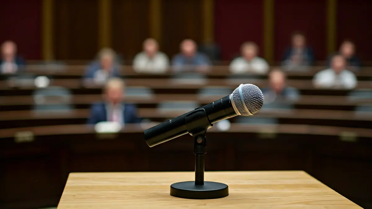 Imaxe xenérica dun micrófono nun podio nunha sala de plenos.