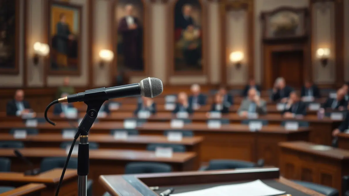 Imaxe xenérica dun micrófono nun atril nunha cámara parlamentaria, representando un debate político.