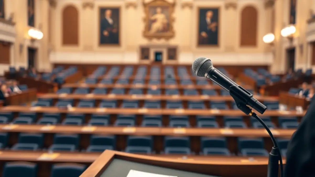 Imaxe xenérica dun micrófono nun podio nunha cámara parlamentaria.